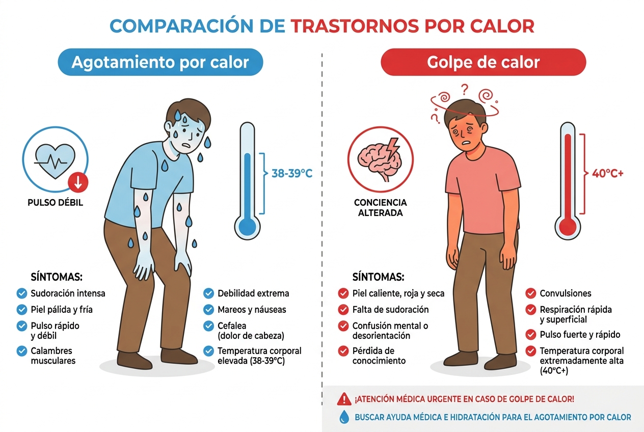 Comparativa entre agotamiento por calor y golpe de calor